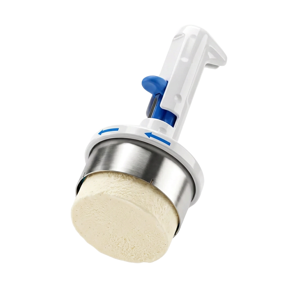 The Press handheld ice cream sandwich maker shaping a vanilla ice cream disc